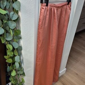 Coral Satin Wide-Leg Pants